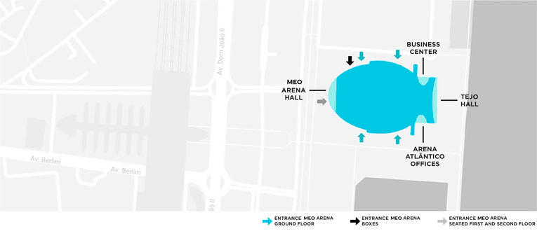 Plan of the Atlântico Pavilion, indicating the location of the MEO Arena Hall, the Business Center, the Tejo Hall and the Arena Atlântico Offices.